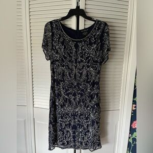 Pisarro Night, midnight navy knee length beaded cocktail dress